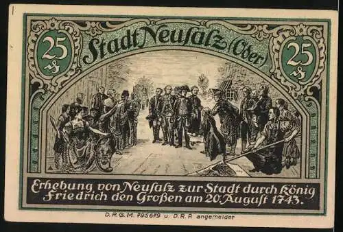 Notgeld Neusalz (Oder), 25 Pfennig, Wappen, Erhebung zur Stadt durch König Friedrich des Grossen am 20. August 1743