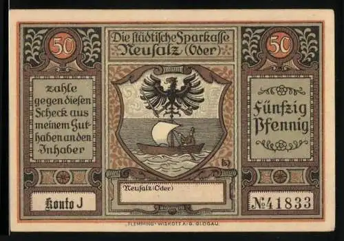 Notgeld Neusalz (Oder), 50 Pfennig, Wappen, Erhebung zur Stadt durch König Friedrich des Grossen am 20. August 1743