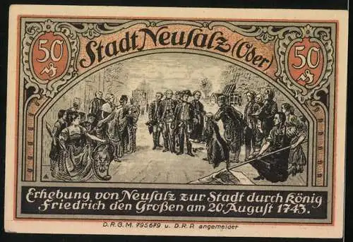 Notgeld Neusalz (Oder), 50 Pfennig, Wappen, Erhebung zur Stadt durch König Friedrich des Grossen am 20. August 1743