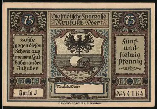 Notgeld Neusalz (Oder), 75 Pfennig, Wappen, Erhebung zur Stadt durch König Friedrich des Grossen am 20. August 1743