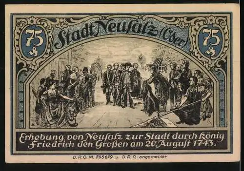 Notgeld Neusalz (Oder), 75 Pfennig, Wappen, Erhebung zur Stadt durch König Friedrich des Grossen am 20. August 1743