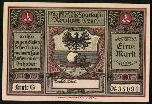 Notgeld Neusalz (Oder), 1 Mark, Wappen, Erhebung zur Stadt durch König Friedrich des Grossen am 20. August 1743