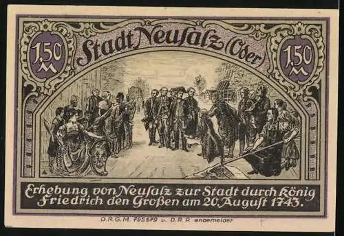 Notgeld Neusalz (Oder), 1,50 Mark, Wappen, Erhebung zur Stadt durch König Friedrich des Grossen am 20. August 1743