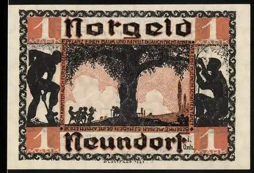 Notgeld Neundorf i. Anhalt 1921, 1 Mark, Kinder unterm Baum, Männer pflanzen einen Baum