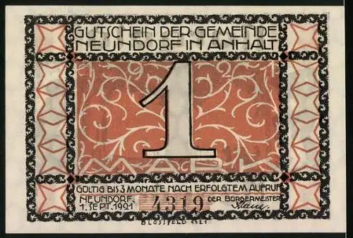 Notgeld Neundorf i. Anhalt 1921, 1 Mark, Kinder unterm Baum, Männer pflanzen einen Baum