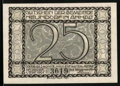 Notgeld Neundorf i. Anh. 1921, 25 Pfennig, Gebäudeansicht