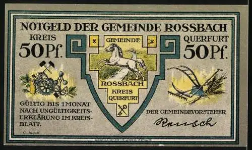 Notgeld Rossbach, 50 Pfennig, Hauptquartier Friedrchs des Grossen, Wappen