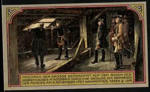 Notgeld Rossbach, 50 Pfennig, Friedrch der Grosse beobachtet durch eine Dachluke den Anmarsch des Feindes, Wappen