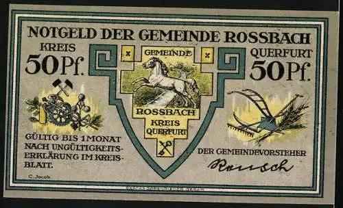 Notgeld Rossbach, 50 Pfennig, Friedrch der Grosse beobachtet durch eine Dachluke den Anmarsch des Feindes, Wappen