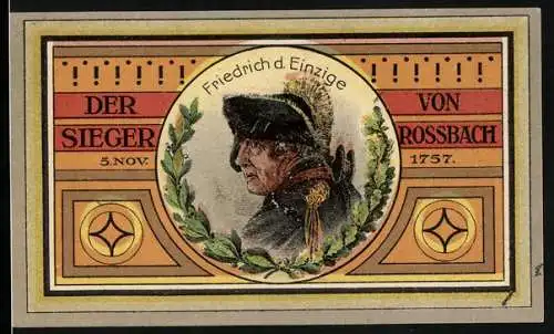 Notgeld Rossbach, 50 Pfennig, Portrait Friedrch der Einzige, Wappen