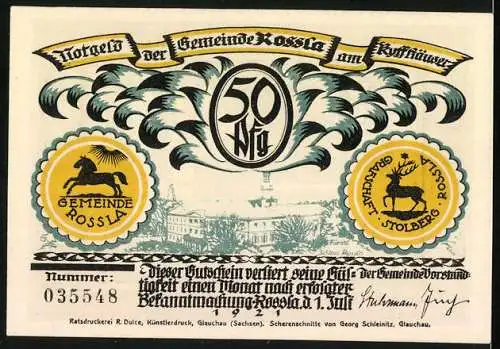 Notgeld Rossla am Kyffhäuser 1921, 50 Pfennig, Der Kaiser sitzt an einem Tisch und stützt sein Haupt