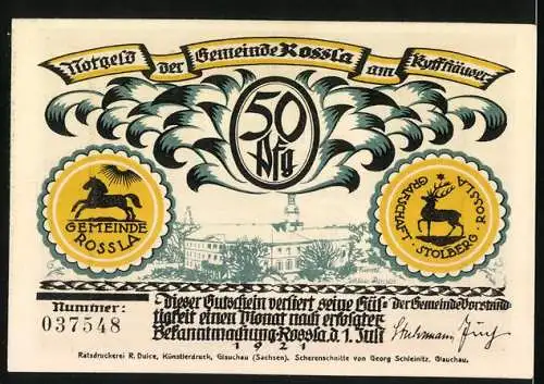 Notgeld Rossla am Kyffhäuser 1921, 50 Pfennig, Des Kaisers Bart ist von Feuersglut und durch den Tisch gewachsen