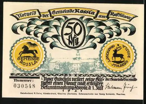 Notgeld Rossla am Kyffhäuser 1921, 50 Pfennig, Der Kaiser hat sich im Schloss verborgen zum Schlaf sich gesetzt