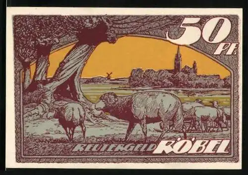 Notgeld Röbel 1922, 50 Pfennig, Schafherde mit Blick zur Stadt, Bauern bei der Ernte