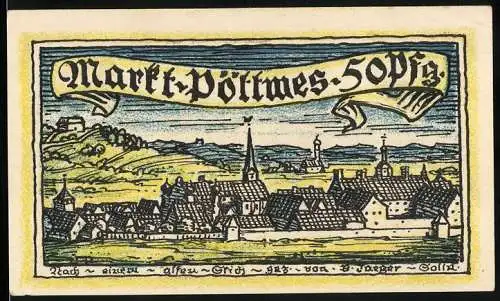 Notgeld Pöttmes, 50 Pfennig, Panorama der Stadt, Wappen