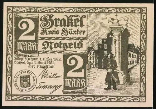 Notgeld Brakel 1921, 2 Mark, Ratsherr bekommt Fäkalien auf die Jacke mit Wappen, angeketteter Mann