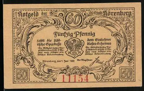 Notgeld Nörenberg am Enzigsee 1920, 50 Pfennig, angeketteter Hummer