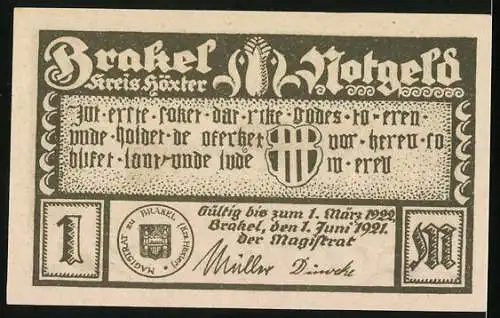 Notgeld Brakel 1921, 1 Mark, Antonius-Strasse