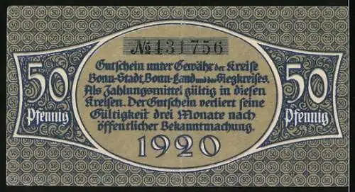 Notgeld Bonn 1920, 50 Pfennig, Männer bewegen grossen Felsen