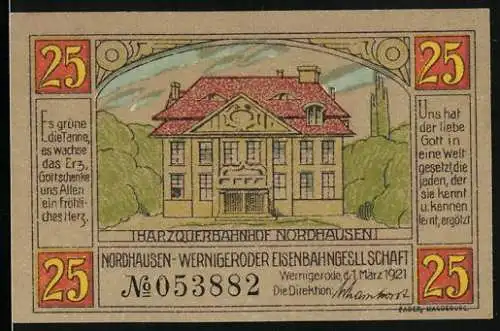 Notgeld Wernigerode 1921, 25 Pfennig, Harzquerbahnhof Nordhausen und Harzquerbahnhof Wernigerode