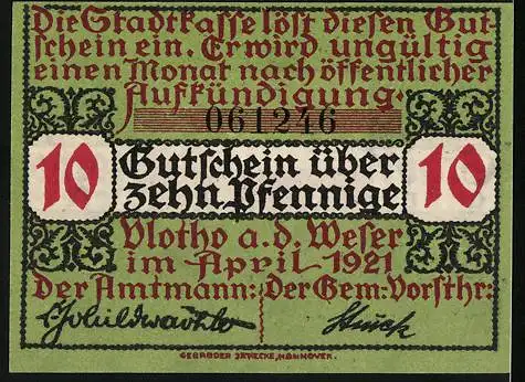 Notgeld Vlotho /Weser 1921, 10 Pfennig, Wappen