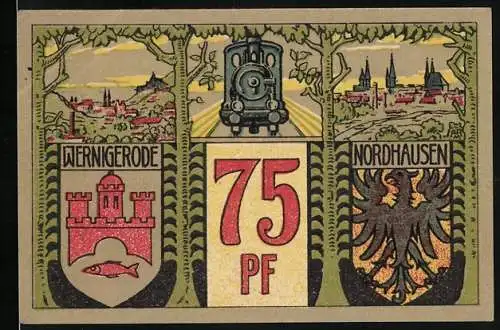 Notgeld Wernigerode 1921, 75 Pfennig, Nordhausen-Wernigeroder Eisenbahngesellschaft mit Wappene, Eisenbahnlinie