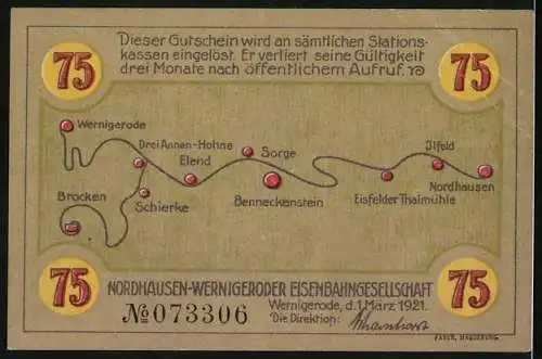 Notgeld Wernigerode 1921, 75 Pfennig, Nordhausen-Wernigeroder Eisenbahngesellschaft mit Wappene, Eisenbahnlinie