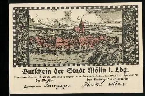 Notgeld Mölln i. Lbg. 1921, 50 Pfennig, Stadtansicht und Eulenspiegel