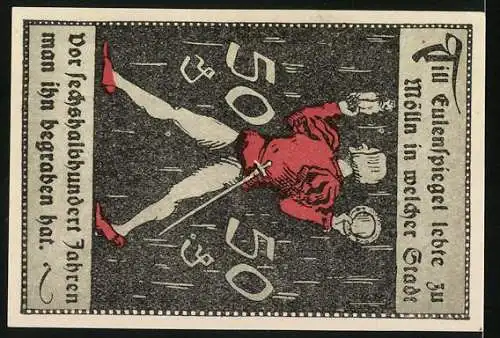 Notgeld Mölln i. Lbg. 1921, 50 Pfennig, Stadtansicht und Eulenspiegel