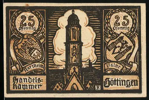 Notgeld Göttingen 1920, 25 Pfennig, Kirche und Wappen von Northeim und Uslar