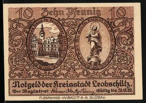 Notgeld Leobschütz 1922, 10 Pfennig, Deutsches Haus und Heiligenbild