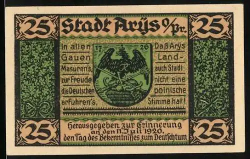 Notgeld Arys i. Ostpreussen 1920, 25 Pfennig, Wappen und Kirche