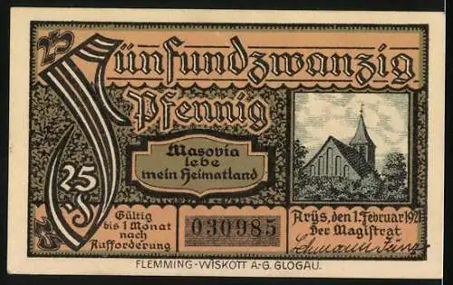 Notgeld Arys i. Ostpreussen 1920, 25 Pfennig, Wappen und Kirche