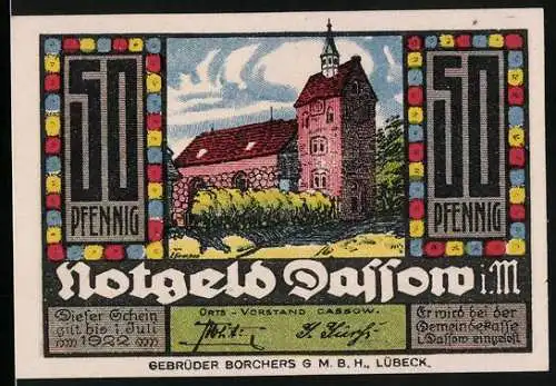 Notgeld Dassow i. M. 1922, 50 Pfennig, Kirche und Wappen