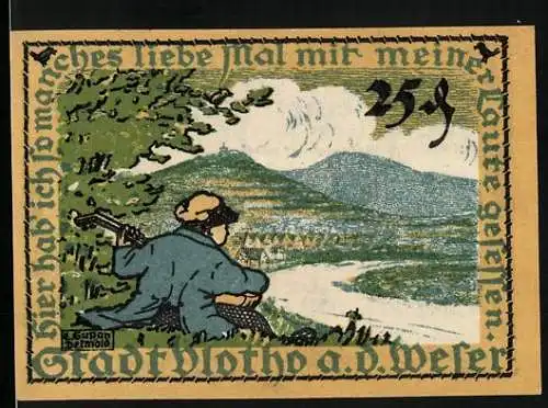 Notgeld Vlotho a. d. Weser 1921, 25 Pfennig, Gitarrenspiler auf die Weser blickend