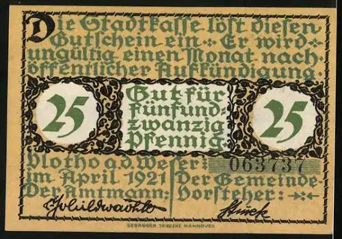 Notgeld Vlotho a. d. Weser 1921, 25 Pfennig, Gitarrenspiler auf die Weser blickend