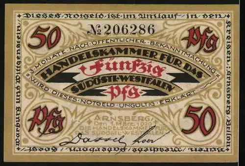 Notgeld Arnsberg 1920, 50 Pfennig, Wappen, Notgeld für das südöstliche Westfalen