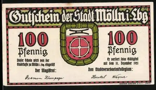 Notgeld Mölln i. Lbg. 1921, 100 Pfennig, Wappen und Till Eulenspiegel