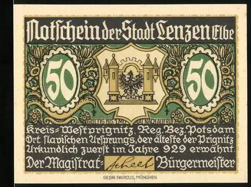 Notgeld Lenzen /Elbe, 50 Pfennig, Wappen und Talmühle