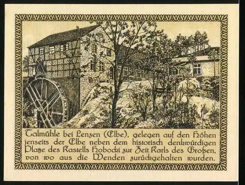 Notgeld Lenzen /Elbe, 50 Pfennig, Wappen und Talmühle