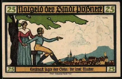 Notgeld Pössneck 1921, 25 Pfennig, Mutter und Sohn schauen auf die Stadt, Goethe: Hermann und Dorothea 3