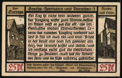 Notgeld Pössneck 1921, 25 Pfennig, Mutter und Sohn schauen auf die Stadt, Goethe: Hermann und Dorothea 3