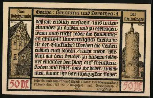 Notgeld Pössneck 1921, 50 Pfennig, Hat uns, rief er, noch nicht das Unglück also gebändigt, Goethe: Hermann u. Dorothea 4