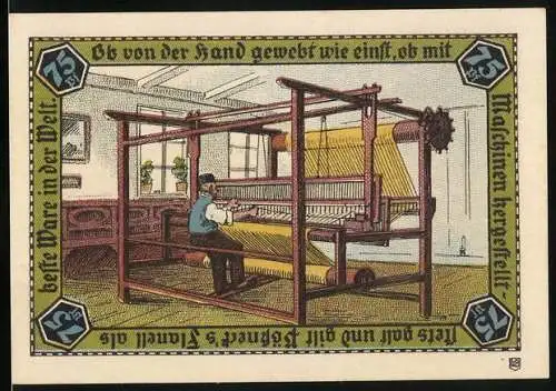 Notgeld Pössneck, 75 Pfennig, Mann beim Weben, Wappen