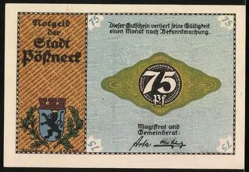Notgeld Pössneck, 75 Pfennig, Mann beim Weben, Wappen