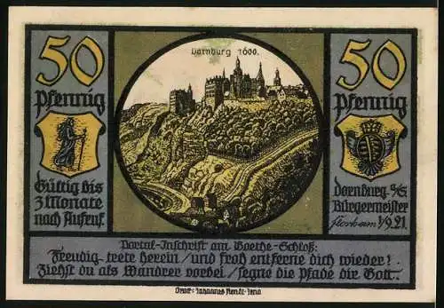 Notgeld Dornburg a. Saale 1921, 50 Pfennig, Der alte Goethe 1828, Dornburg 1600