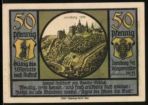 Notgeld Dornburg a. S. 1921, 50 Pfennig, Die Dornburg um 1600, Die Dornburger Schlösser