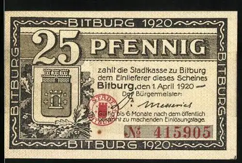 Notgeld Bitburg 1920, 25 Pfennig, Wappen und Burg