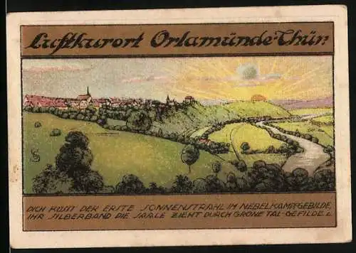 Notgeld Orlamünde / Thür. 1921, 50 Pfennig, Ortsansicht aus der Ferne und Wappen