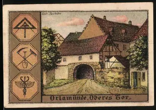 Notgeld Orlamünde 1921, 50 Pfennig, Oberes Tor und Wappen